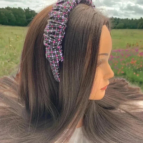 Polka Dots  Scrunchy Crown Purple Handcrafted Headband Silk Hair Accessory Prom - Picture 2 of 9